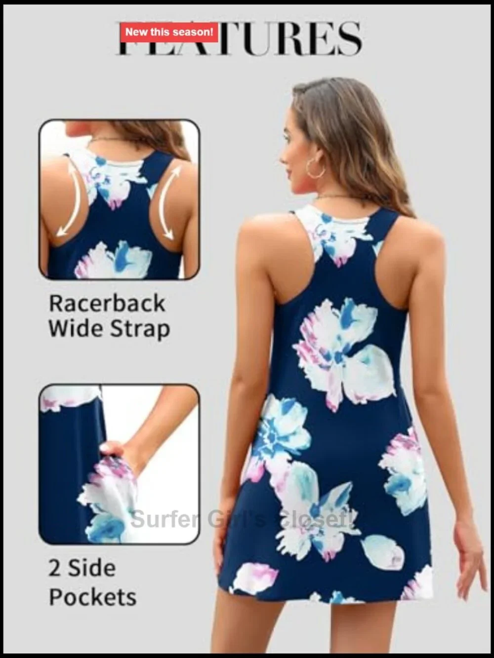 Women's Built-in Bra Tank Dress with Pockets Racerback Sleeveless Summer